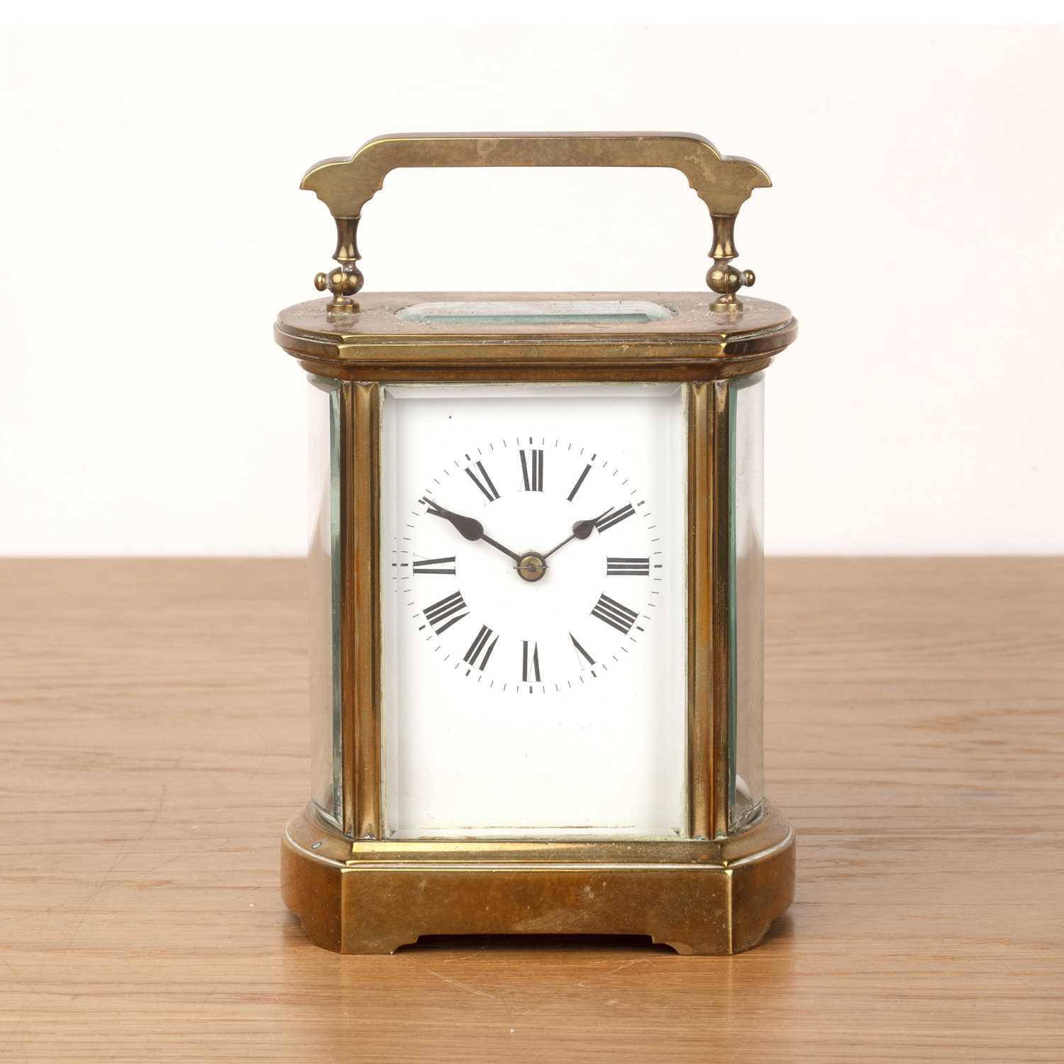 Lot 20 - Brass cased carriage clock the white enamel...