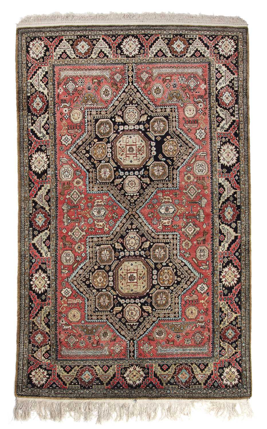 Lot 66 - A 20th century Kashmiri silk rug with a banded...