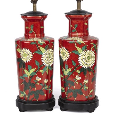 Lot 158 - A pair of 20th century red ground porcelain...