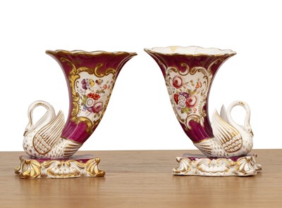 Lot 318 - Attributed to Rockingham Pair of ceramic, swan...