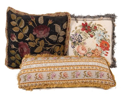 Lot 1298 - Three late 19th or early 20th century embroidered cushions