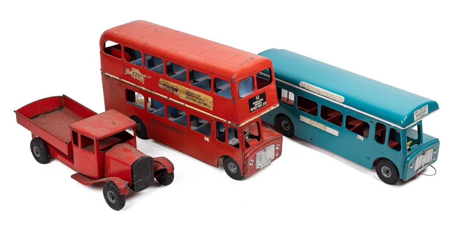 Lot 186 - Two Triang toy busses and a Triang pick-up truck