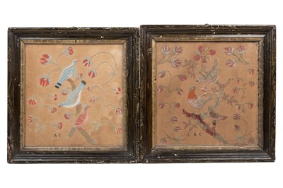 Lot 1273 - A pair of 19th century needleworks of birds resting on floral branches