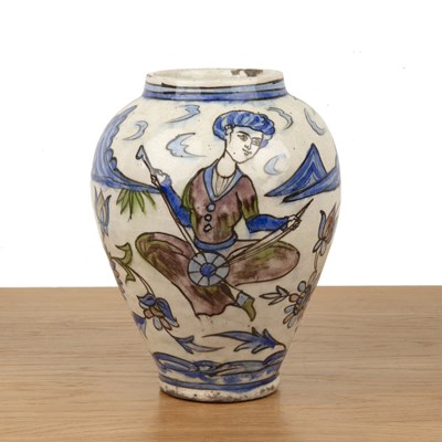 Lot 474 - Qajar glazed pottery vase Iran painted with a...