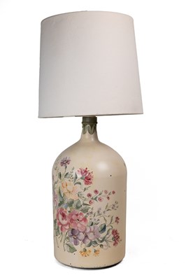 Lot 172 - A large green glass bottle with hand-painted decoration converted to a table lamp