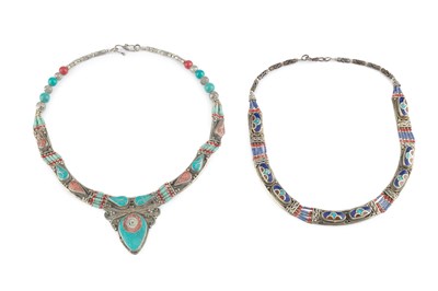 Lot 243 - A Tibetan white metal and enamel necklace,...