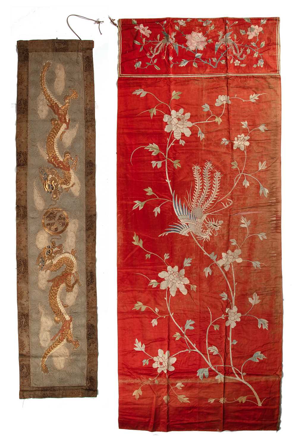 Lot 229 - Large red silk panel Chinese embroidered with...