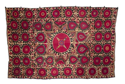 Lot 247 - A Tajik suzani with large star medallion, silk...