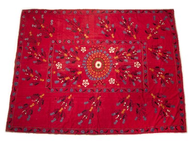 Lot 249 - A Tajik ‘ru-i-jo’ bed cover, nim suzani, silk...