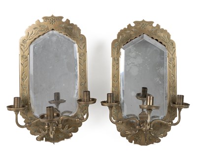 Lot 206 - A pair of late 19th century Arts & Crafts brass girandole mirrors or sconces