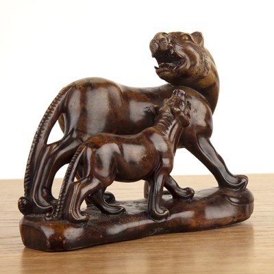 Lot 469 - Soapstone model of a leopard and cub Chinese,...