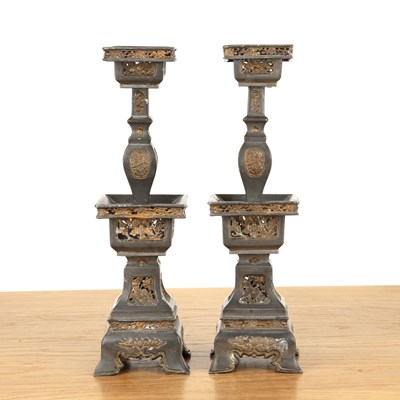 Lot 470 - Pair of Paktong and gilt altar candlesticks...