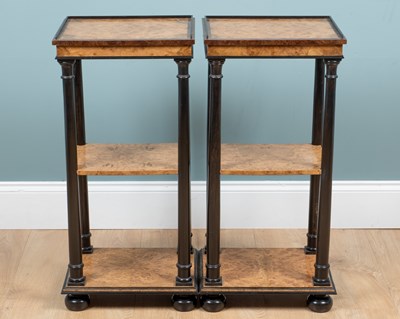 Lot 485 - A pair of burr oak and ebony bedside tables
