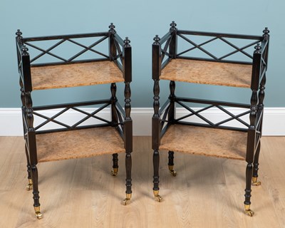 Lot 182 - A pair of burr oak and ebony bedside stands