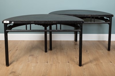 Lot 9 - A pair of Chinese hardwood demi-lune black-laquered console tables
