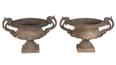 Lot 1437 - A pair of small cast iron urns