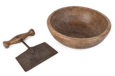 Lot 1042 - An old sycamore kitchen bowl, together with an antique herb chopper