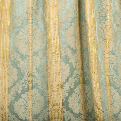Lot 1258 - A pair of antique silk damask, turquoise and gold decorated interlined curtains