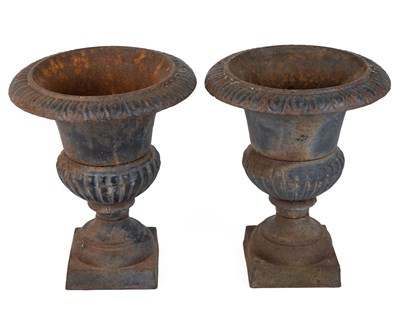 Lot 1330 - A pair of small cast iron urns