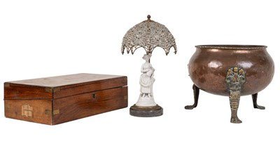 Lot 460 - A decorative table lamp, a copper jardinière and a writing box
