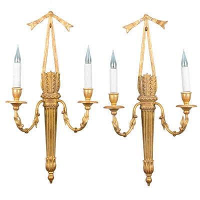 Lot 494 - A pair of Louis XVI style giltwood and composite wall lights