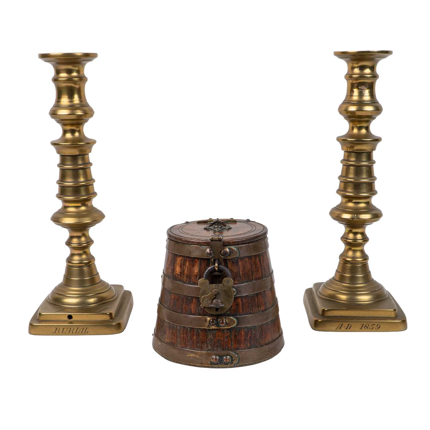 Lot 1082 - A pair of Trinity Ward Burial Society brass candlesticks