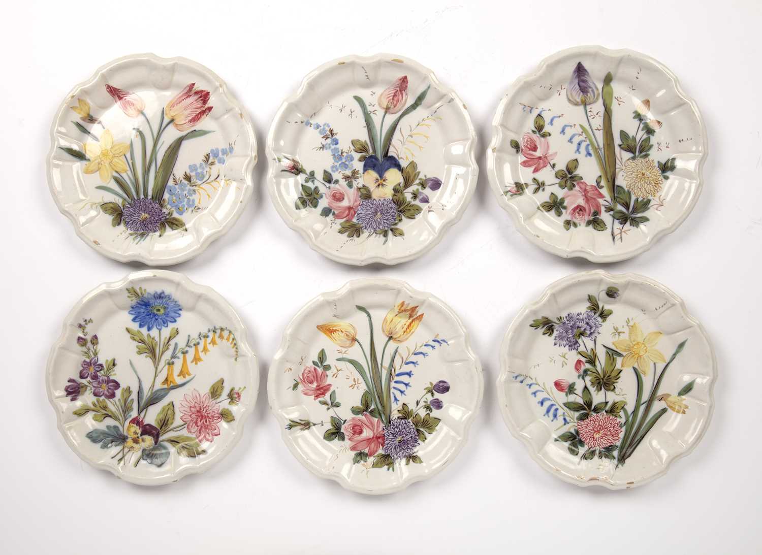 Lot 342 - Six Nove faience plates Italian, each painted...
