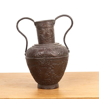 Lot 344 - Copper classical style two-handled urn...