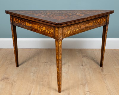 Lot 413 - A Dutch triangular fold-over marquetry tea table