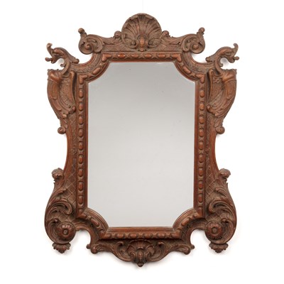 Lot 36 - Carved oak mirror 19th Century, with gryphon,...