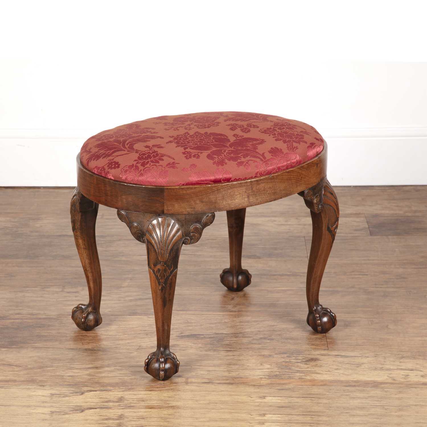 Lot 28 - Oval stool with a red damask drop in seat and...