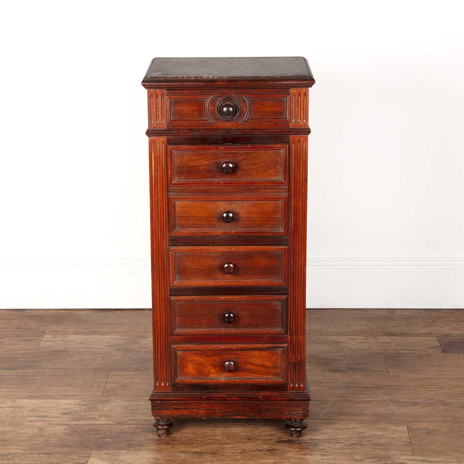 Lot 14 - Rosewood and marble-topped chest of drawers...