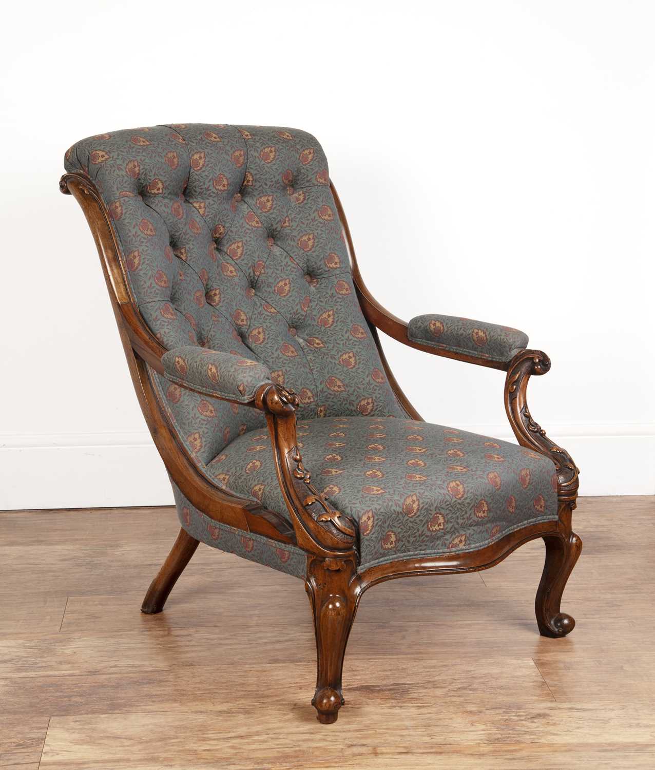 Lot 45 - Walnut-framed open armchair or library chair...