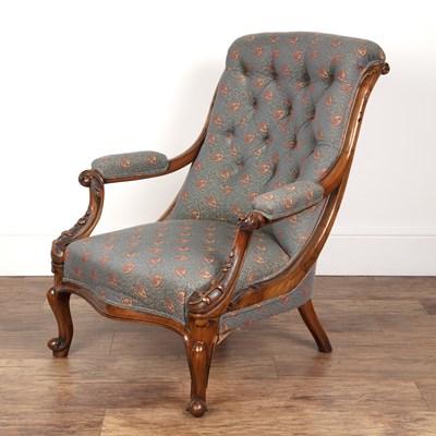 Lot 45 - Walnut-framed open armchair or library chair...