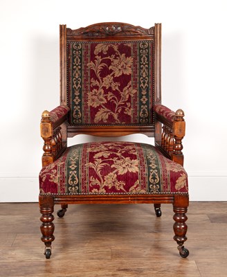 Lot 46 - Walnut-framed armchair with striped brocade...