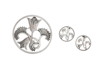 Lot 265 - A silver panel brooch and matched ear studs...