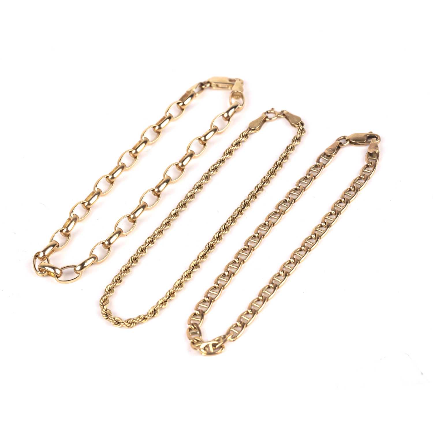 Lot 225 - Three yellow metal bracelets each stamped '585'...