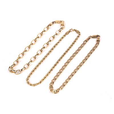 Lot 225 - Three yellow metal bracelets each stamped '585'...