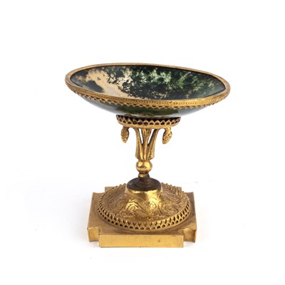 Lot 238 - Miniature moss agate dish on ormolu stand 19th...