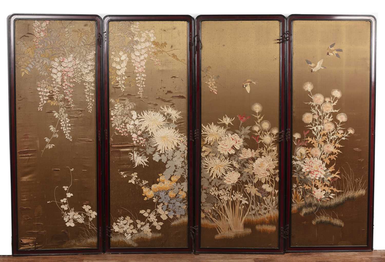 Lot 67 - Four-panel lacquer and embroidered screen...