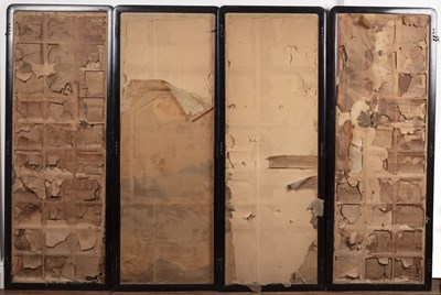 Lot 67 - Four-panel lacquer and embroidered screen...