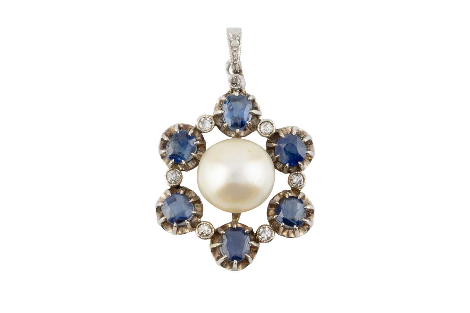 Lot 34 - A sapphire, cultured pearl and diamond pendant,...