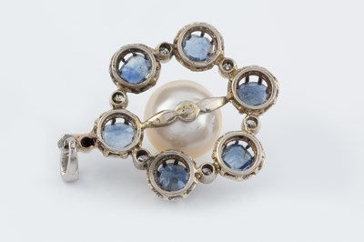 Lot 34 - A sapphire, cultured pearl and diamond pendant,...