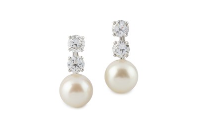 Lot A pair of cultured pearl and diamond ear clips,...