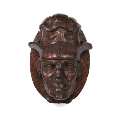 Lot 332 - Oak mask 18th/19th Century, with a shaped hat,...