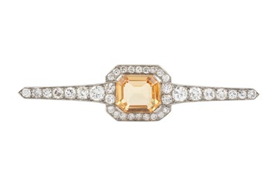 Lot A yellow topaz and diamond cluster bar brooch,...