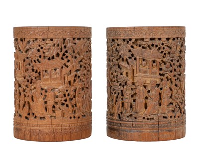 Lot 1115 - A pair of old Chinese carved bamboo brush pots