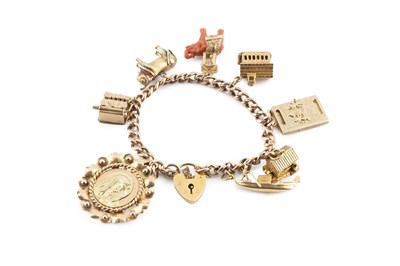 Lot 75 - A charm bracelet, the hollow curb-link...
