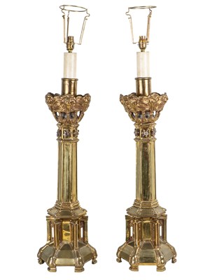 Lot 173 - A pair of Gothic-style brass table lamps