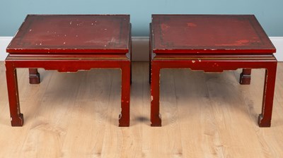 Lot 1026 - A pair of red-lacquered square occasional tables